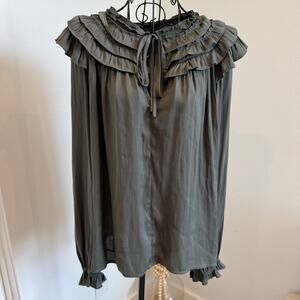 Anthropologie x Current Air Ruffle Satin Olive Green Peasant Blouse NWT Med
